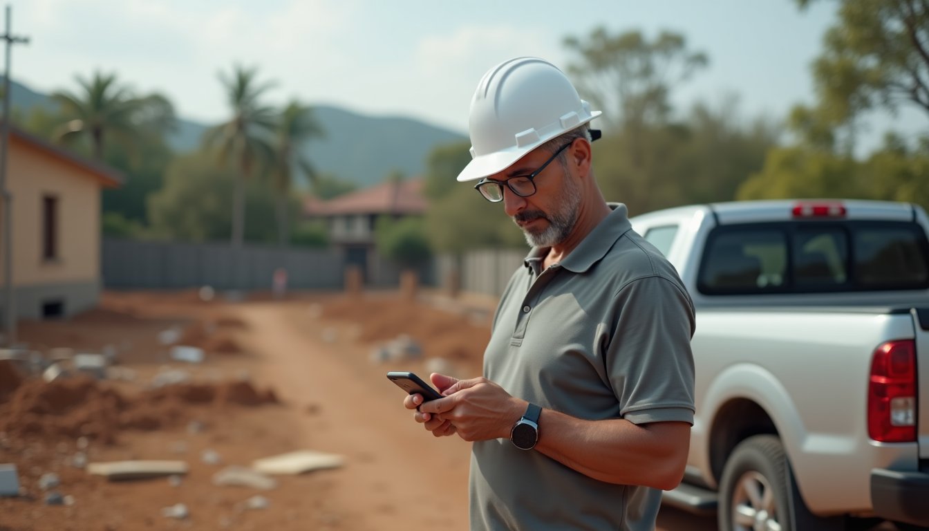 Profissional autônomo conferindo o celular em obra na fase de fundação