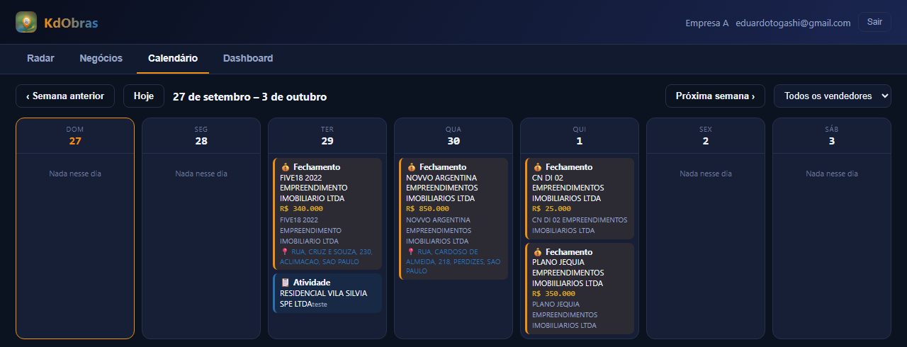 Calendário semanal do KdObras com fechamentos previstos e atividades pendentes por dia