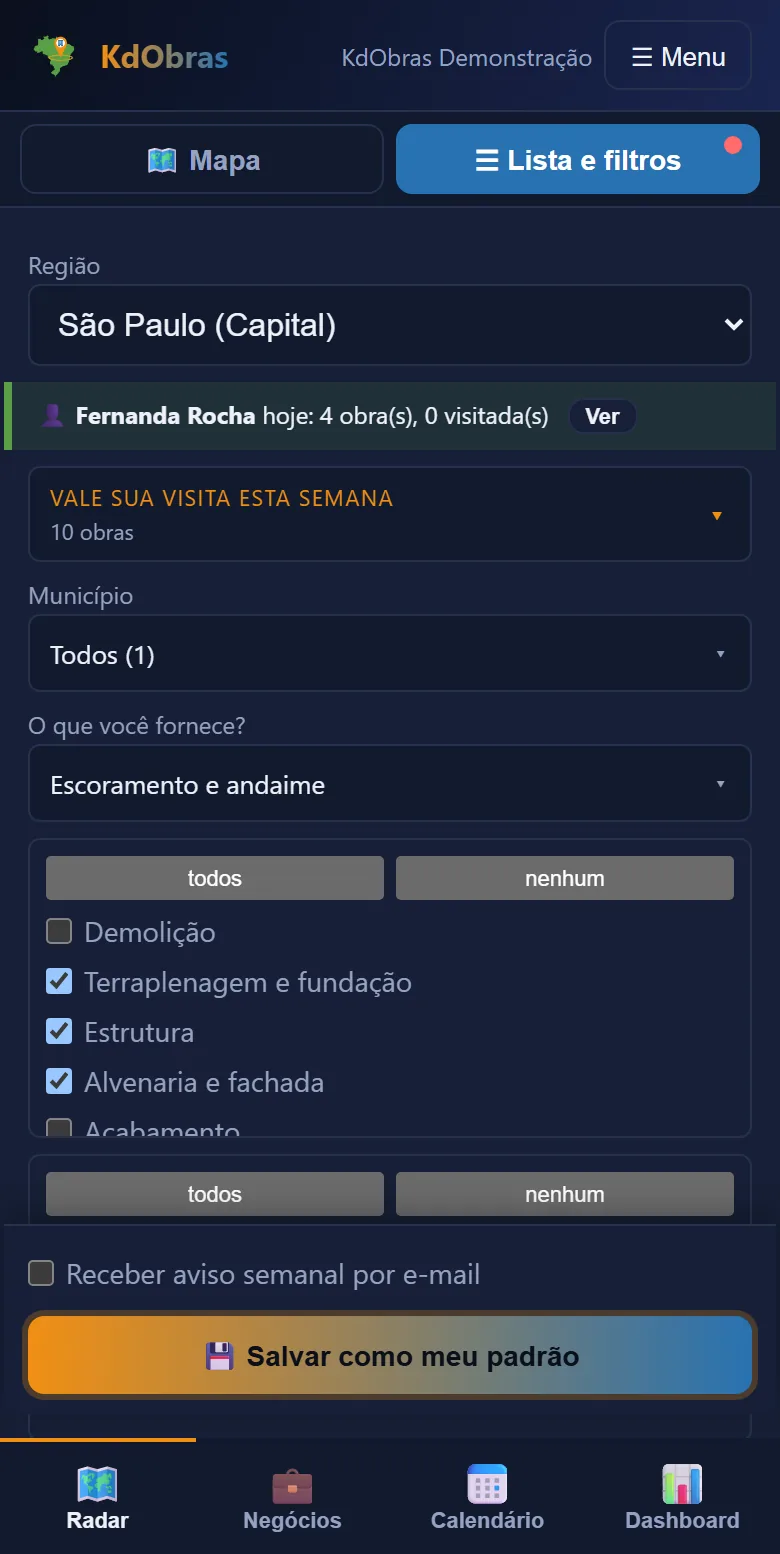 KdObras no celular: Escolha a região