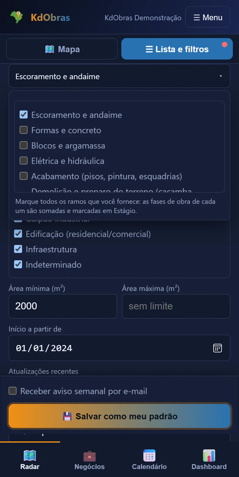 KdObras no celular: Filtre pelo que você vende