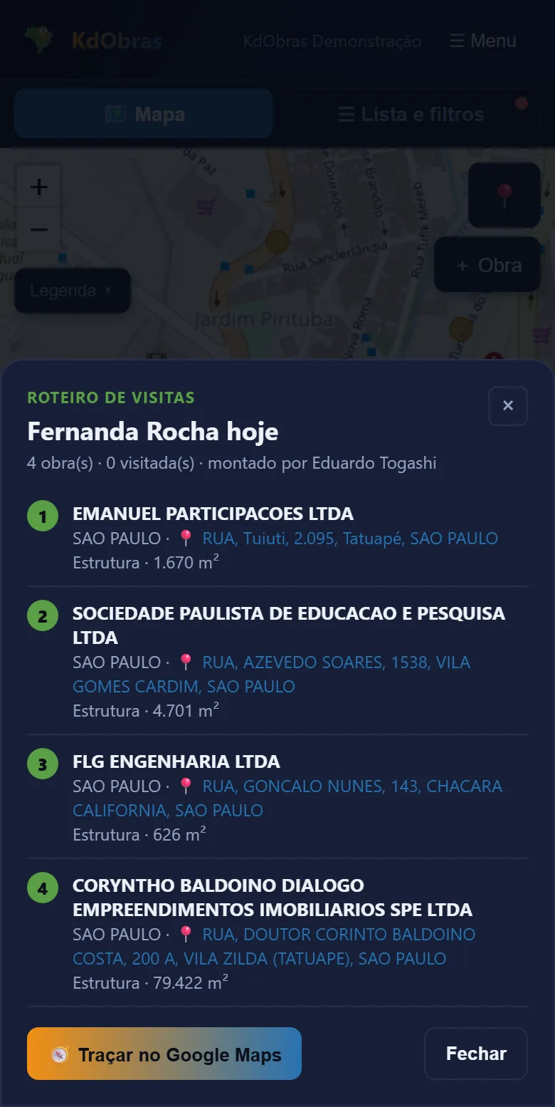 KdObras no celular: Monte o roteiro do dia