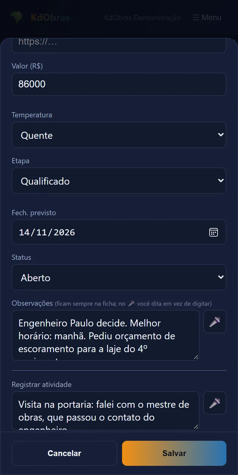 KdObras no celular: Registre a visita