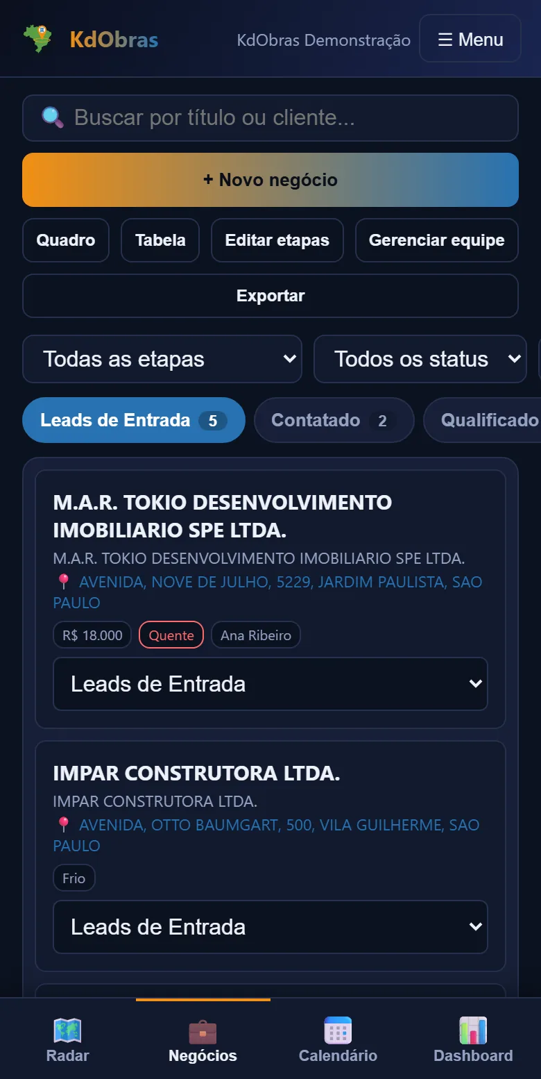 KdObras no celular: Acompanhe o funil