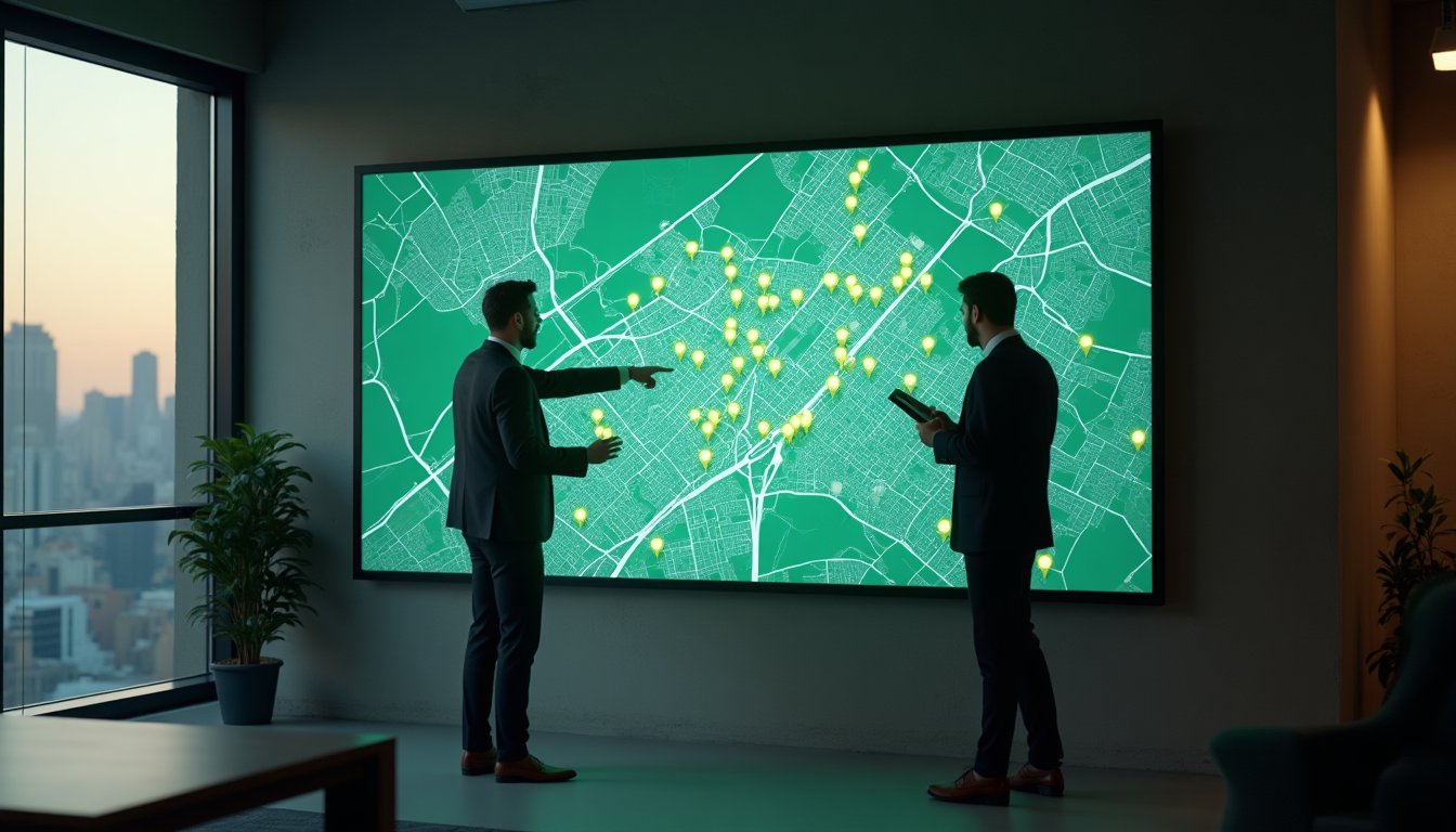 Escritório comercial com mapa de obras e alfinetes na parede