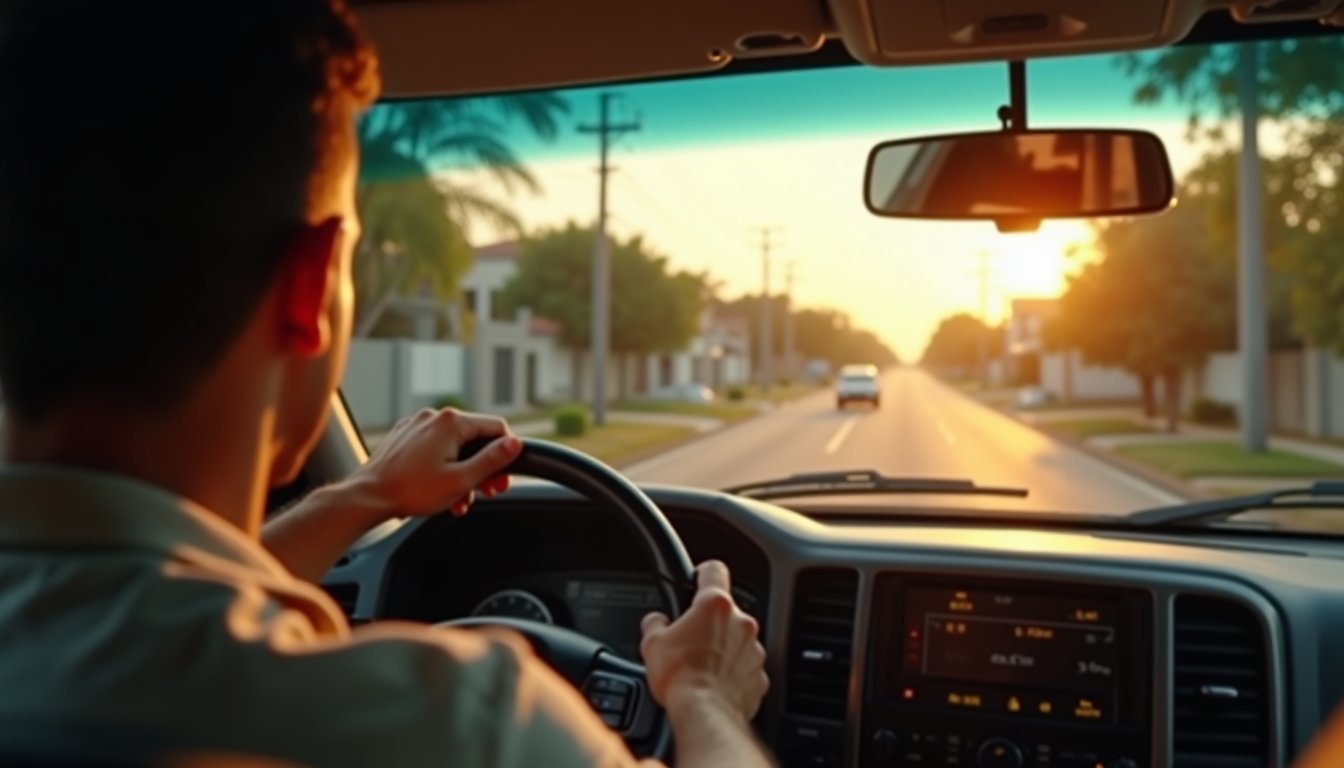 Vendedor ao volante rodando um bairro residencial no fim da tarde