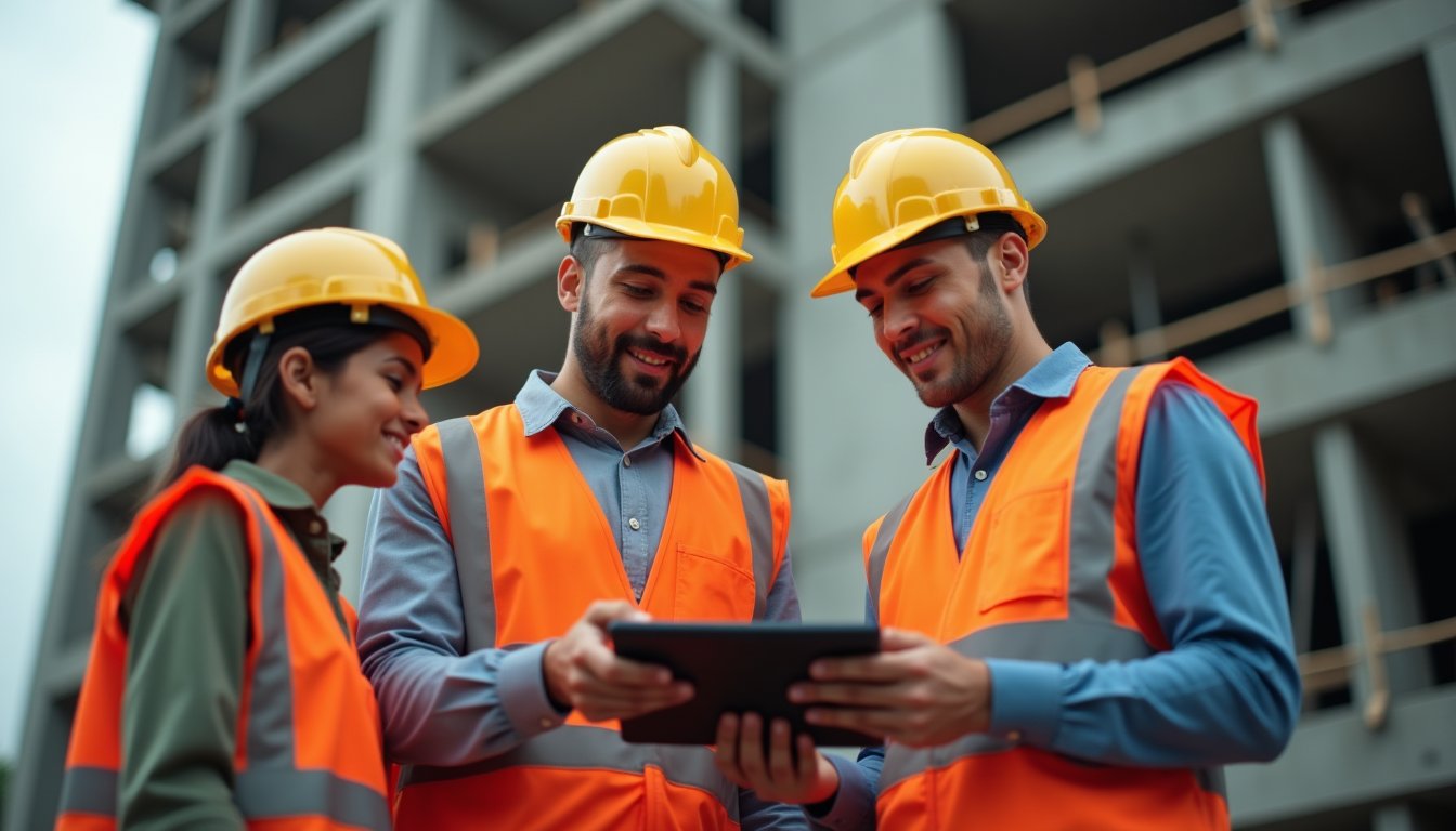 Equipe comercial de três pessoas revisando um tablet em frente a um prédio em estrutura